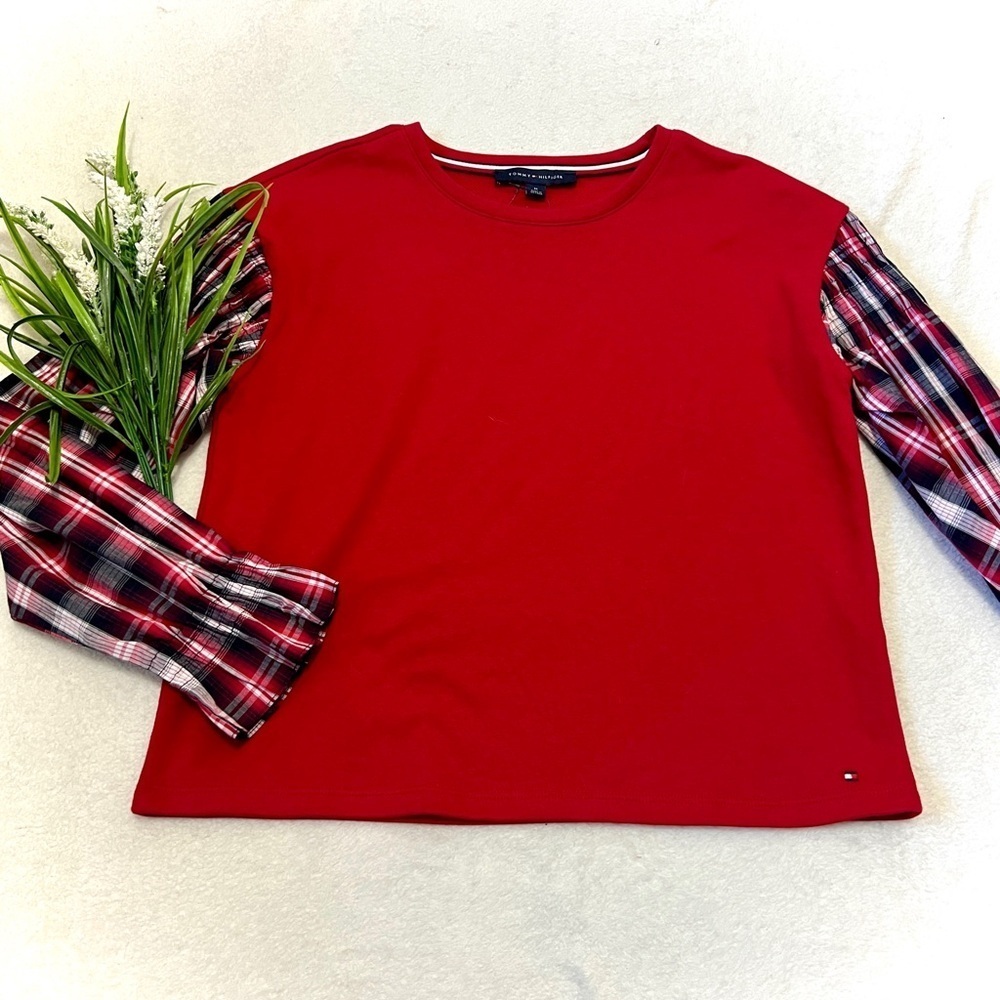 Tommy Hilfiger NWT Red Mixed-Media Plaid Long Sleeve Top - Medium